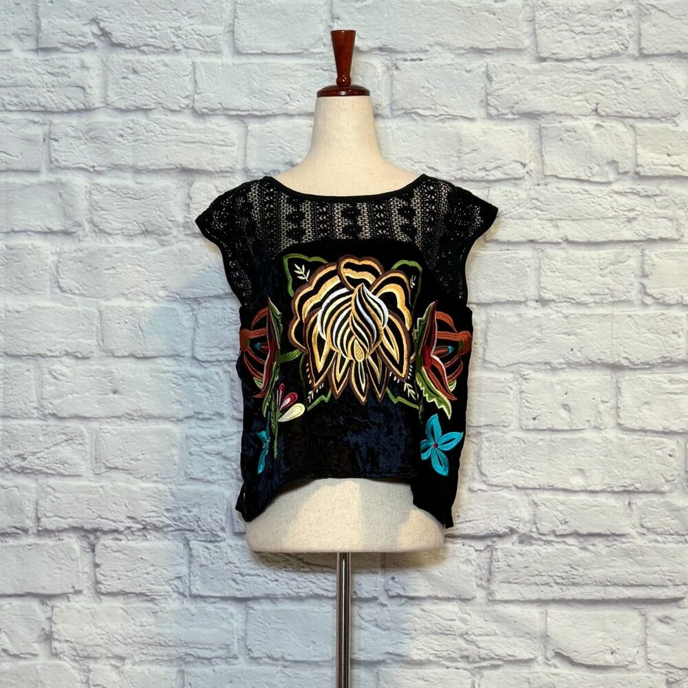 Free People Black Embroidered Floral Crop Top